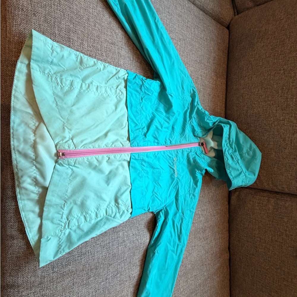 Columbia Girls' Teal and Light Teal Hooded Raincoat with Pink Zipper-4T - Picture 2 of 2